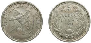 Chile Republic 1927 So 5 Pesos Silver (.900) ... 
