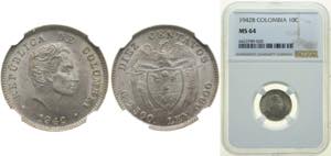 Colombia Republic 1942 B 10 Centavos Silver ... 
