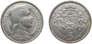 Latvia Republic 1931 5 Lati Silver (.835) ... 