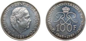 Monaco Principalty 1989 100 Francs - Rainier ... 