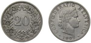 Switzerland Federal State 1907 B 20 Rappen ... 