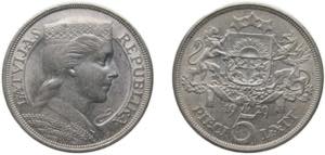 Latvia Republic 1929 5 Lati Silver (.835) ... 
