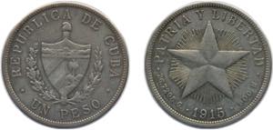 Cuba First Republic 1915 1 Peso Silver ... 