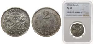 Latvia Republic 1925 2 Lati Silver (.835) ... 