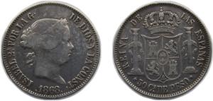 Philippines Spanish colony 1868 50 Centavos ... 