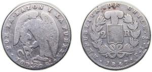 Chile Republic 1847 So IJ 2 Reales (small ... 