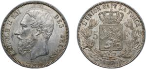 Belgium 1874 5 Francs - Léopold II (small ... 