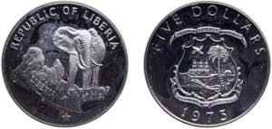 Liberia Republic 1973 5 Dollars Silver ... 