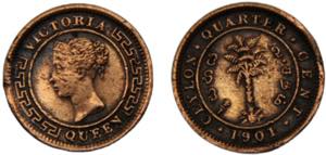 CEYLON Victoria 1901 ¼ CENT COPPER British, ... 