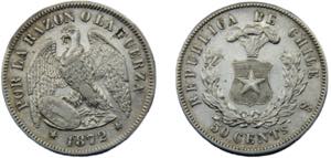 CHILE 1872/0 So 50 CENTAVOS SILVER Republic, ... 