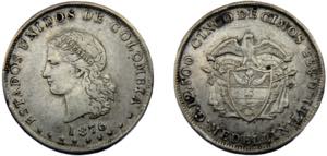 COLOMBIA 1876 5 DÉCIMOS SILVER United ... 