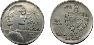 CUBA 1935 1 PESO SILVER First Republic, ABC ... 