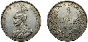 EAST AFRICA William II 1910 J 1 RUPIE SILVER ... 