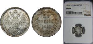 FINLAND Nicholas II 1916 50 PENNIÄ Silver ... 