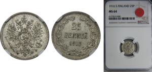 FINLAND Nicholas II 1916 25 PENNIÄ Silver ... 