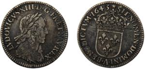 FRANCE Louis XIII 1643 A 1/12 ECU SILVER ... 