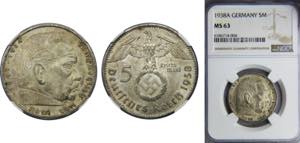 GERMANY 1938 5 MARK Silver NGC III Reich, ... 