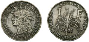 GUADELOUPE 1921 1 FRANC ALLOY French 5.34g ... 