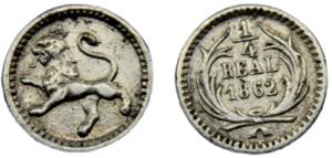GUATEMALA 1862 ¼ REAL SILVER Republic 0.75g ... 
