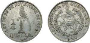 GUATEMALA 1929 ¼ QUETZAL SILVER Republic ... 