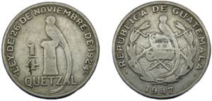 GUATEMALA 1947 ¼ QUETZAL SILVER Republic ... 