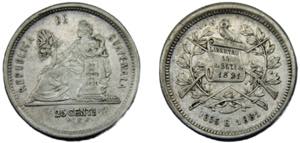 GUATEMALA 1881 E 25 CENTAVOS SILVER Republic ... 