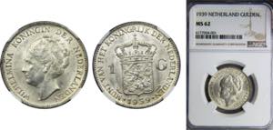 NETHERLANDS  Wilhelmina 1939 1 GULDEN Silver ... 
