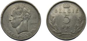 BELGIUM Leopold III 1936 5 FRANCS Nickel ... 