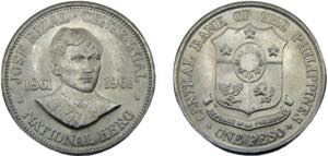 PHILIPPINES 1961 1 PESO SILVER Republic, ... 