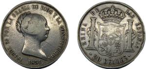 SPAIN Isabel II 1851 20 REALES SILVER ... 