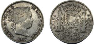 SPAIN Isabel II 1857 20 REALES SILVER ... 
