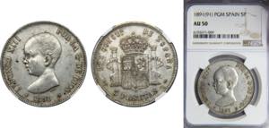 SPAIN Alfonso XIII 1891 5 PESETAS Silver NGC ... 