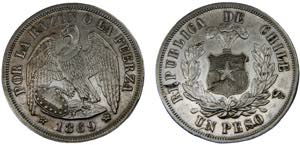Chile Republic 1 Peso 1869 So Santiago mint ... 
