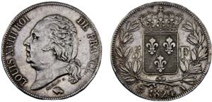 France Kingdom Louis XVIII 5 Francs 1824 A ... 