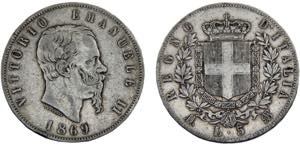 Italy Kingdom Victor Emmanuel II 5 Lire 1869 ... 