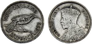 New Zealand State George V 6 Pence 1933 ... 