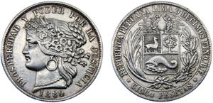 Peru Republic 5 Pesetas 1880 BF Silver ... 