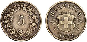 Switzerland Federal State 5 Rappen 1872 B ... 
