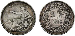 Switzerland Federal State 2 Francs 1862 B ... 