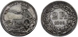 Switzerland Federal State 2 Francs 1863 B ... 