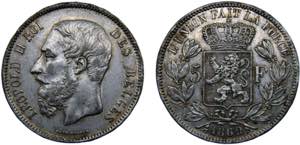 Belgium Kingdom Leopold II 5 Francs 1869 ... 