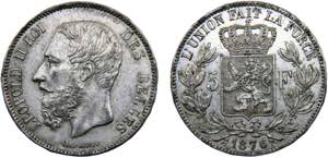 Belgium Kingdom Leopold II 5 Francs 1876 ... 