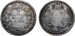 Bolivia Republic 1 Boliviano 1865 PTS FP ... 