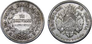 Bolivia Republic 1 Boliviano 1870 PTS ER ... 