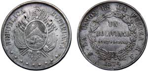 Bolivia Republic 1 Boliviano 1874 PTS FE ... 
