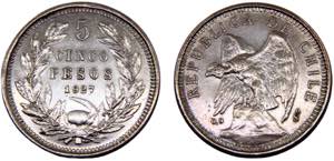 Chile Republic 5 Pesos 1927 So Santiago mint ... 