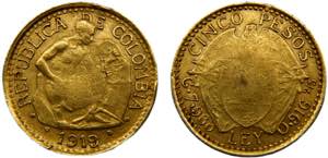 Colombia Republic 5 Pesos 1919 Gold 7.91g ... 