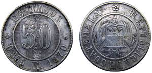 Guatemala Republic 50 Centavos 1870 R Silver ... 