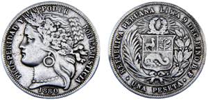 Peru Republic 1 Peseta 1880 BF Lima mint ... 