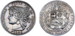Peru Republic 5 Pesetas 1880 BF Lima mint ... 
